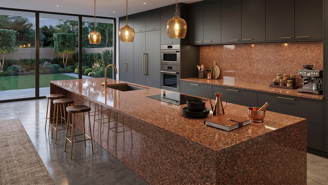 Aplikasi batu Argentina Red pada desain kitchen
