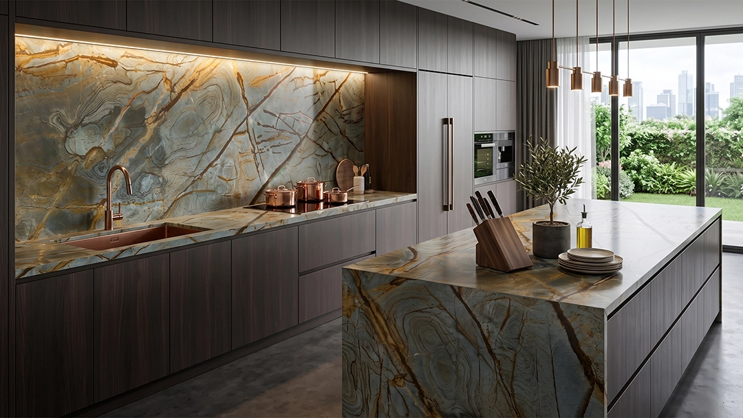 Aplikasi batu Blue Mare pada desain kitchen
