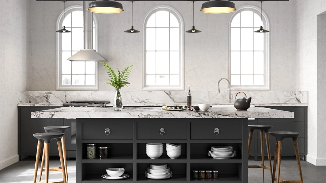 Aplikasi batu Colorado Dunes pada desain kitchen