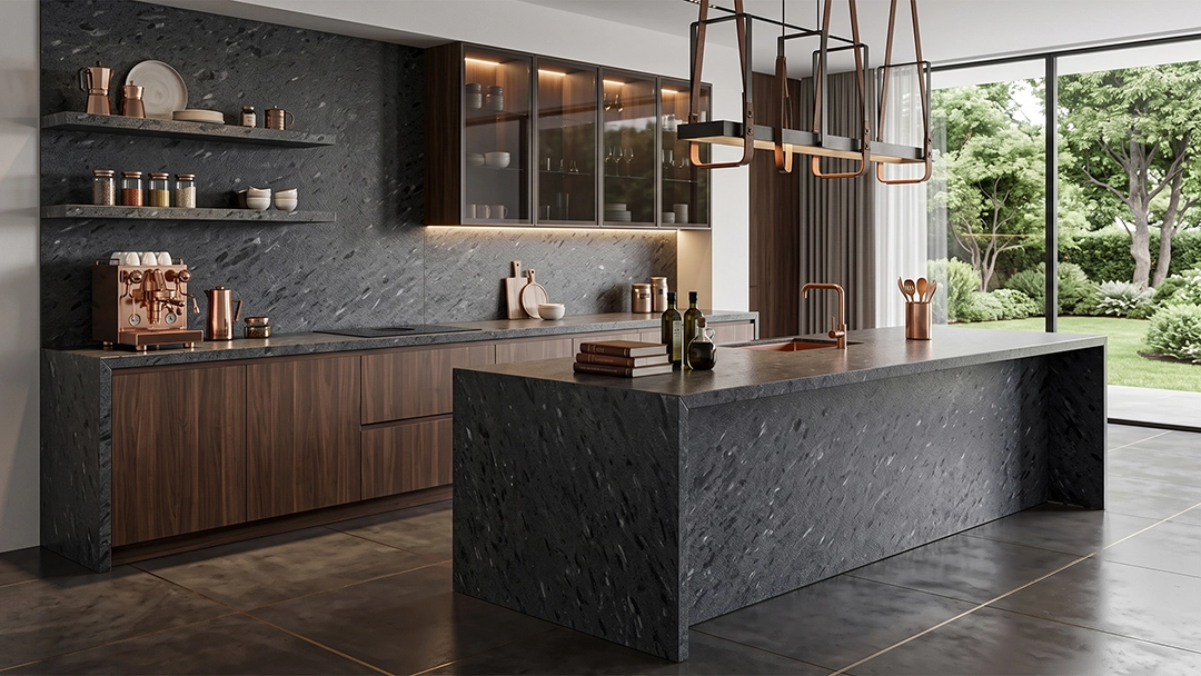 Aplikasi batu Flash Blue pada desain kitchen
