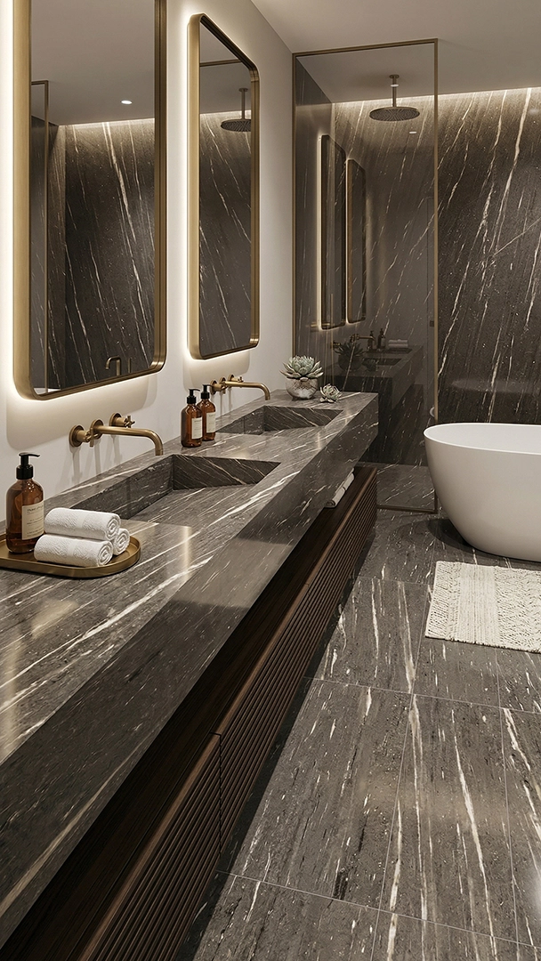 Aplikasi batu Impero pada bathroom