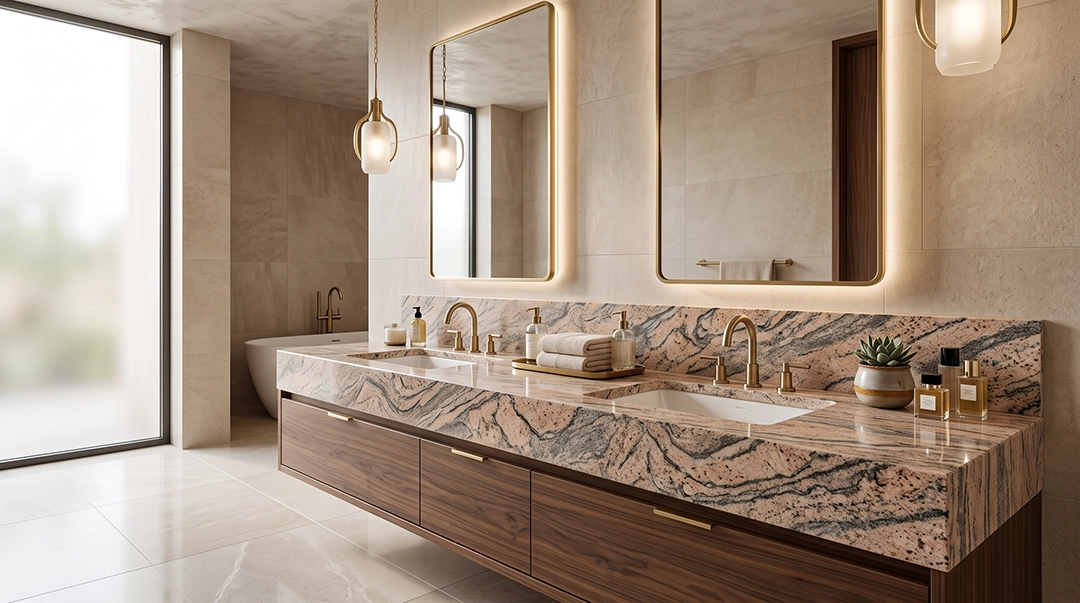 Aplikasi batu Indian Juparana pada bathroom