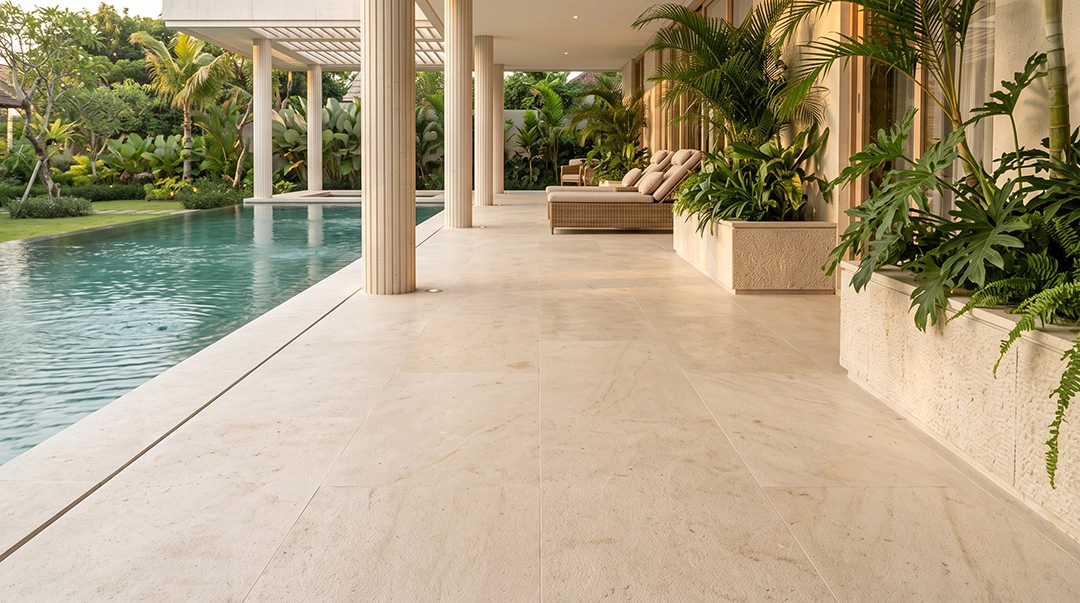 Limestone pada exterior residence kontemporer
