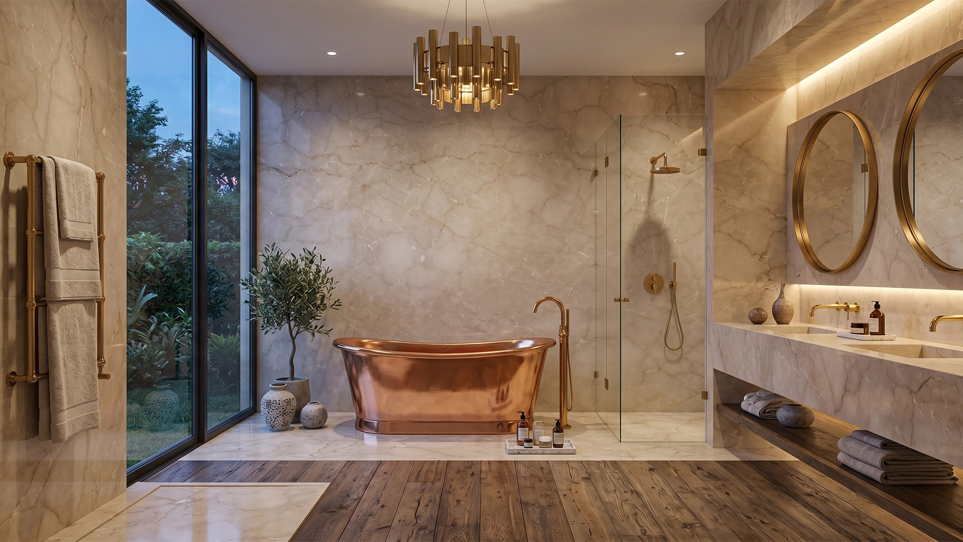 Marble Botocino Brown — aplikasi bathroom
