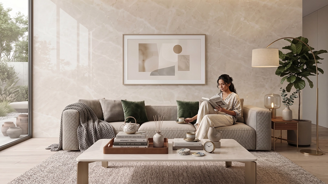 Marble Karmelia Beige pada aplikasi wall cladding