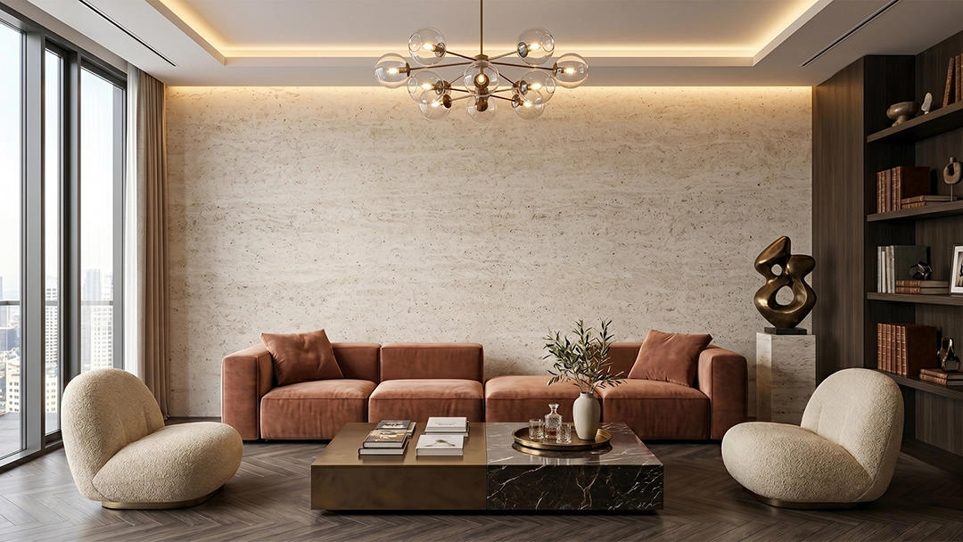 Aplikasi Limestone Portino pada wall cladding