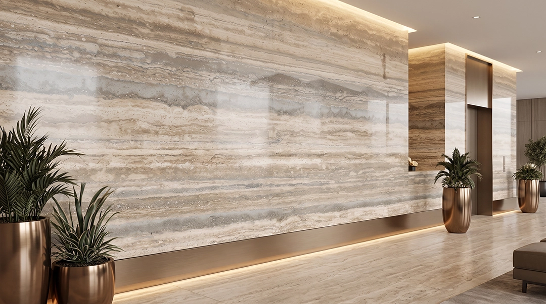 Aplikasi Travertine Bronzano pada wall cladding