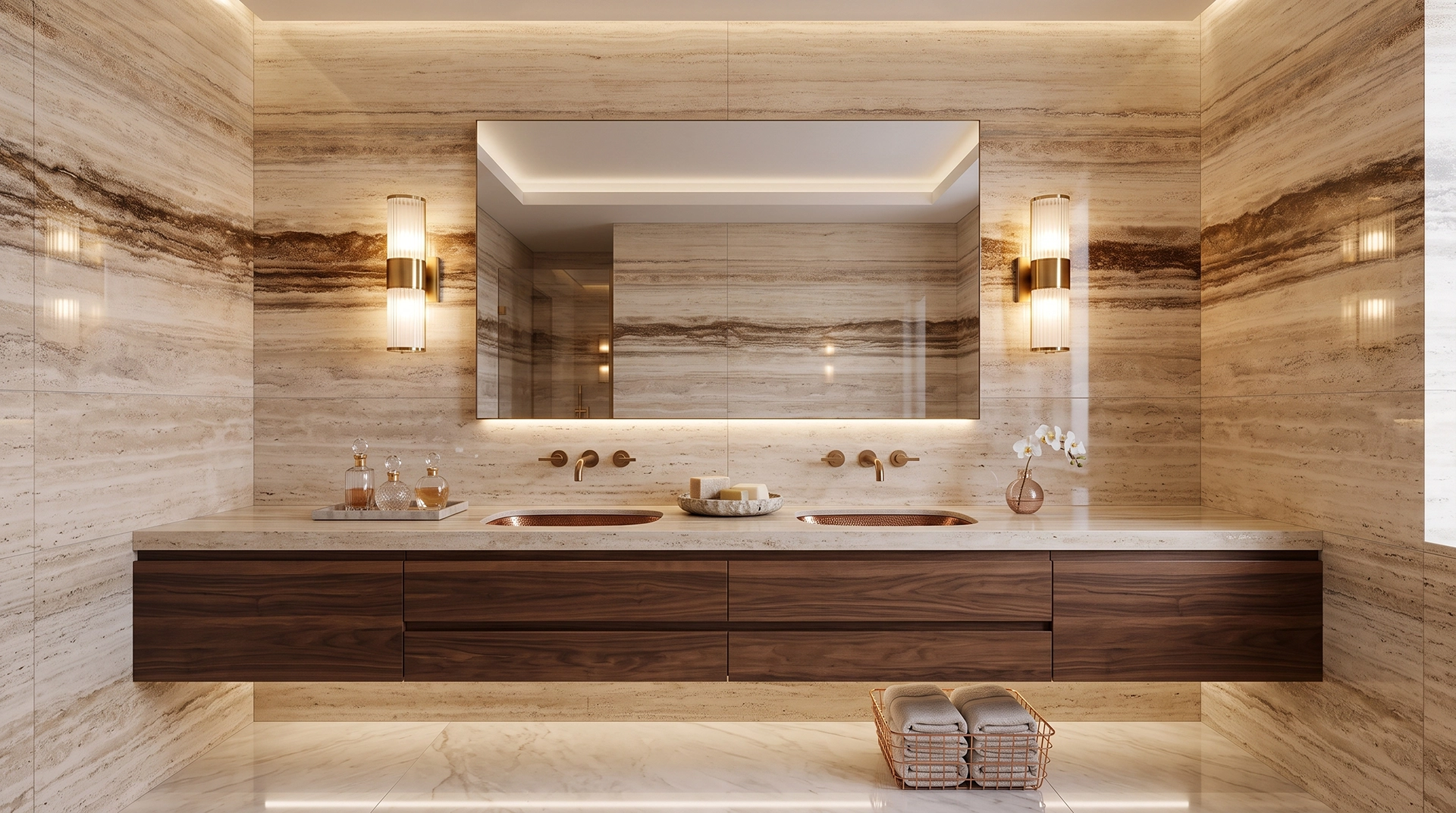 Travertine Light Bronzano — aplikasi bathroom