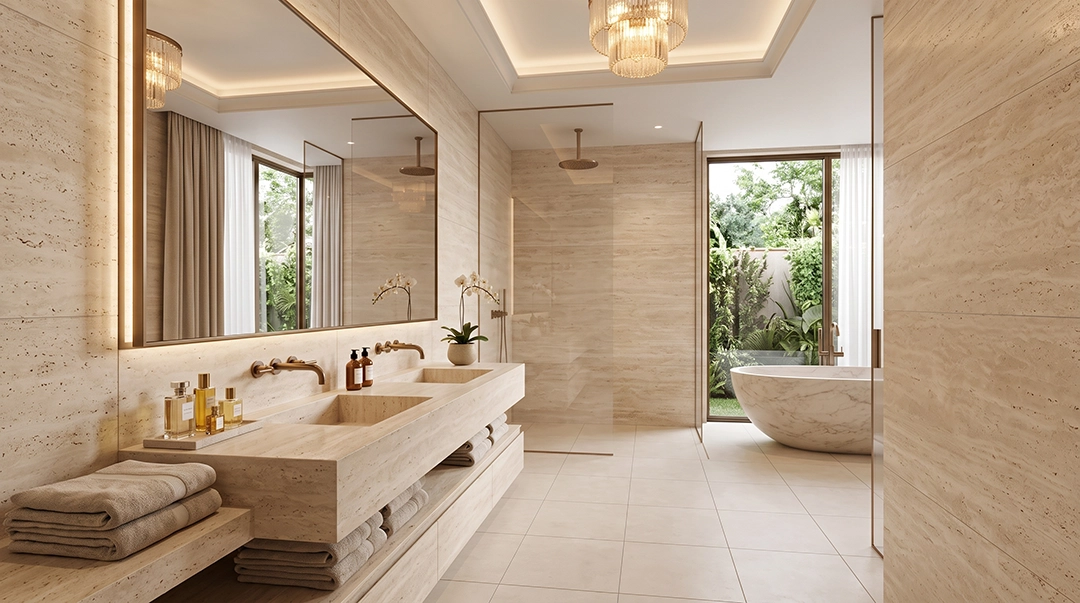 Aplikasi Travertine Romano Classico pada bathroom