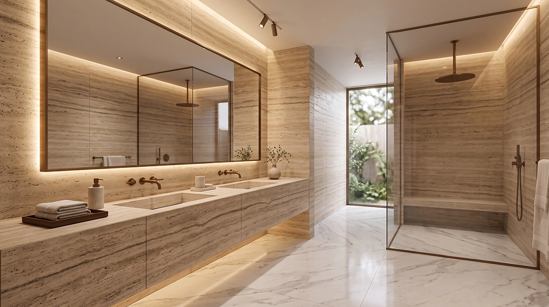 Aplikasi Travertine Silver Classico pada bathroom
