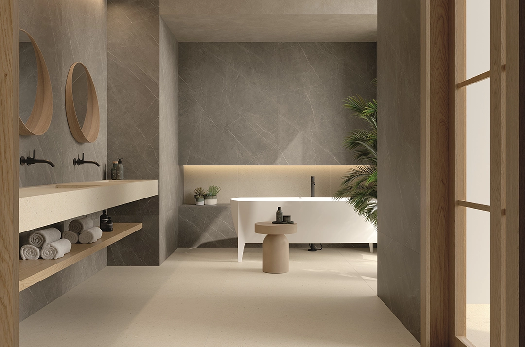 Aplikasi Nexion Pietra Grey Alpi Argento pada bathroom