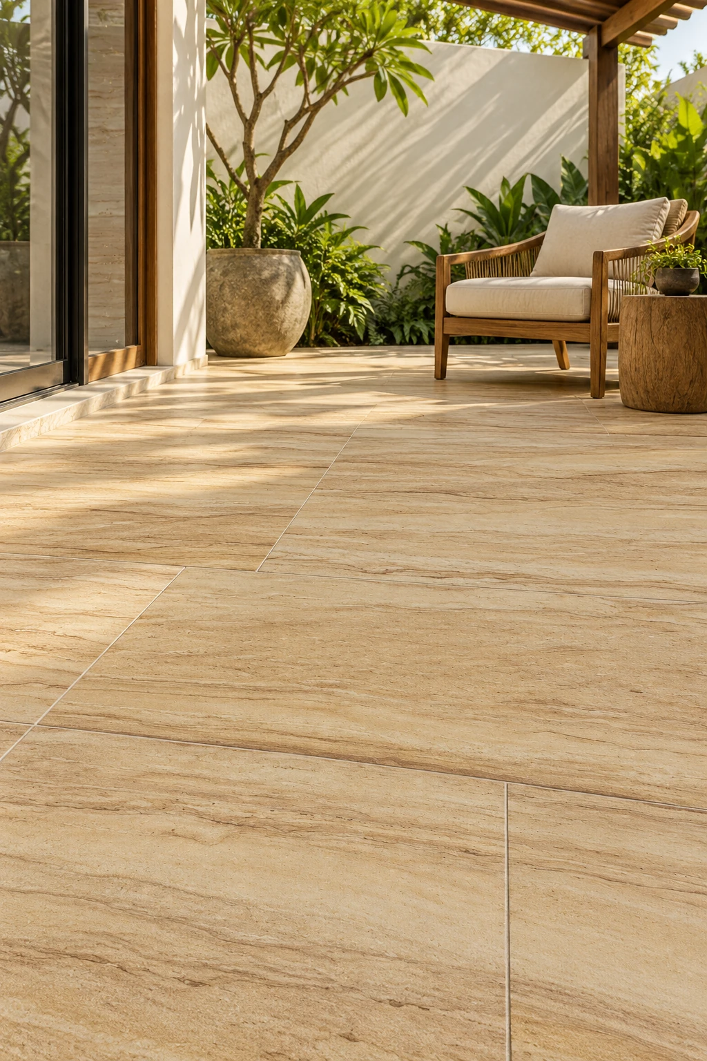 Ilustrasi aplikasi sandstone Golden Teak Wood untuk patio dan teras