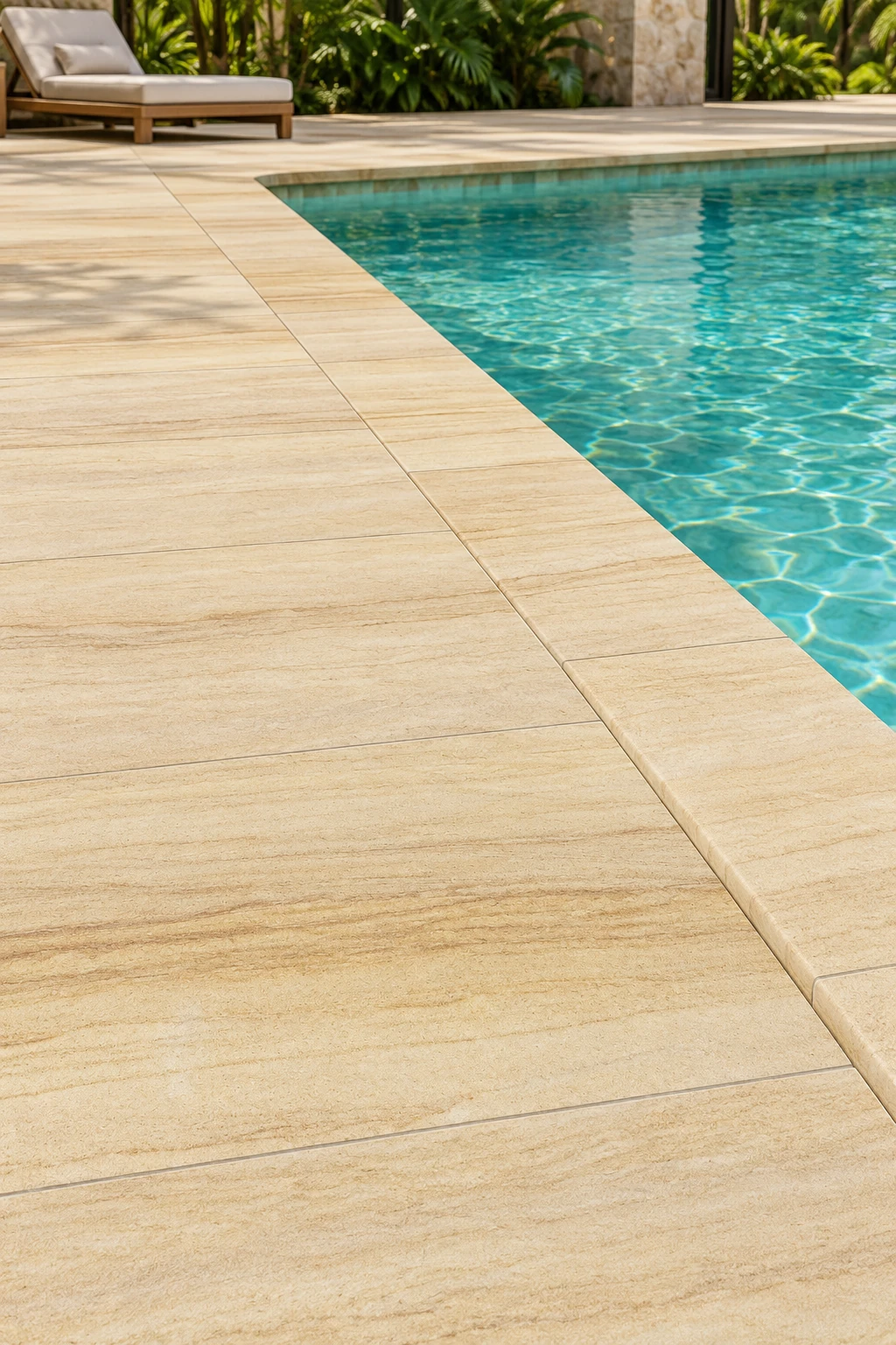 Ilustrasi aplikasi sandstone Classic Teak Wood untuk area sekitar kolam
